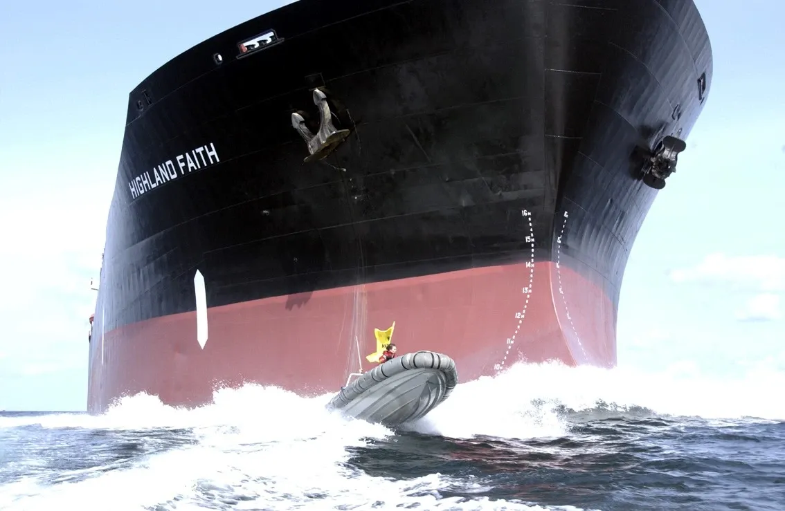Fast interceptor boat maneuvering in front of naval ship using interception tactics